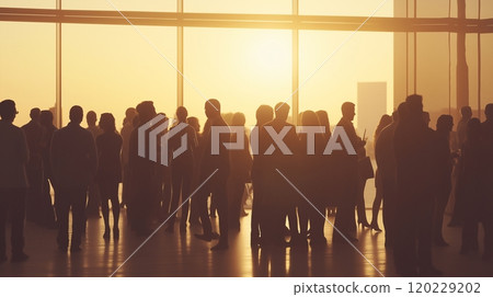 Cheerful crowd gathers to celebrate at a business event during sunset in a modern venue Cheerful crowd gathers to celebrate at a business event during sunset in a modern venue 120229202