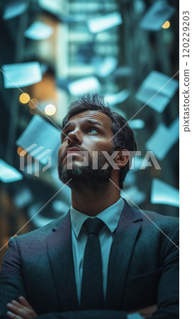 A businessman managing stress while confronted by challenges in a chaotic office environment A businessman managing stress while confronted by challenges in a chaotic office environment 120229203