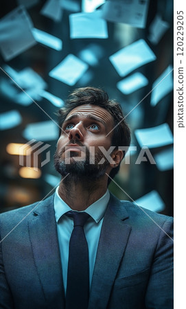 Businessman under pressure while handling challenging situations and overwhelming documents indoors Businessman under pressure while handling challenging situations and overwhelming documents indoors 120229205