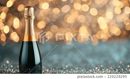 Champagne bottle against a sparkling gold background. Concept of celebration, New Year's Eve, party Champagne bottle against a sparkling gold background. Concept of celebration, New Year's Eve, party 120229295