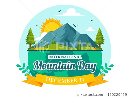 International Mountain Day Vector Illustration Celebrated on December 11, Featuring a Mountain Panorama, Green Valleys, and Trees in a Flat Background 120229459