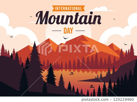 International Mountain Day Vector Illustration Celebrated on December 11, Featuring a Mountain Panorama, Green Valleys, and Trees in a Flat Background 120229460