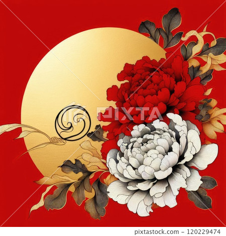 Traditional Chinese Peony Flowers with Golden Moon and Decorative Clouds in Red and Gold with Generative AI. Traditional Chinese Peony Flowers with Golden Moon and Decorative Clouds in Red and Gold with Generative AI. 120229474