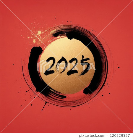 2025 New Year Gold Circle Brush Stroke on Red Background with Ink Splatter with Generative AI. 120229537
