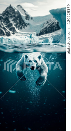 A polar bear swimming gracefully in the ocean beneath a starry space backdrop 120229579