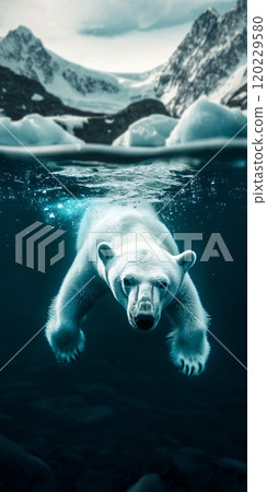 A polar bear swims gracefully in the vast ocean under a starry sky during a quiet night 120229580