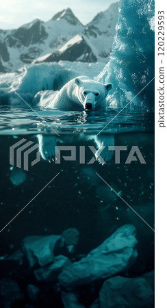 A polar bear swimming gracefully in the vast sea surrounded by icebergs in an ethereal space setting 120229593
