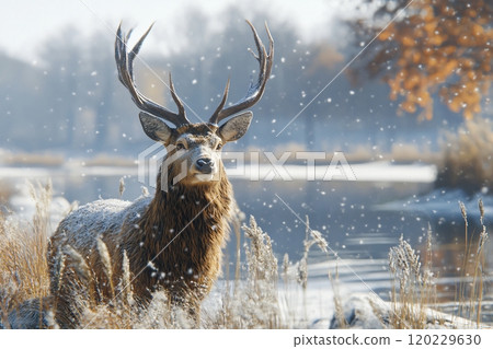 A majestic male deer standing gracefully in the snow amidst a tranquil winter landscape A majestic male deer standing gracefully in the snow amidst a tranquil winter landscape 120229630