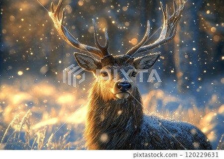 A majestic male deer standing amidst falling snow in a serene winter landscape during golden hour A majestic male deer standing amidst falling snow in a serene winter landscape during golden hour 120229631