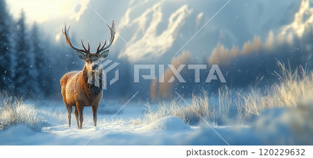 A magnificent stag stands proudly in the winter snow with a serene mountain backdrop A magnificent stag stands proudly in the winter snow with a serene mountain backdrop 120229632