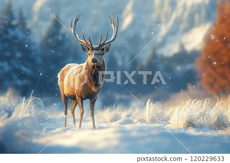 Male deer standing gracefully in a snowy forest during winter with a serene backdrop 120229633