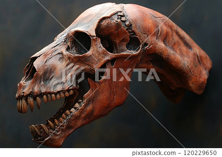 A menacing horse skull with fierce features displayed against a dark background 120229650