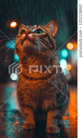 A curious cat explores a rainy city street at night under shimmering streetlights A curious cat explores a rainy city street at night under shimmering streetlights 120229660