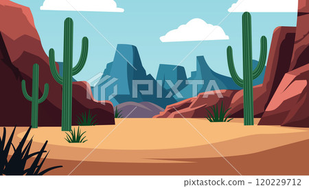 American Desert Landscape with Rocky Cliff Mountain and Cactus in Bright Sky American Desert Landscape with Rocky Cliff Mountain and Cactus in Bright Sky 120229712