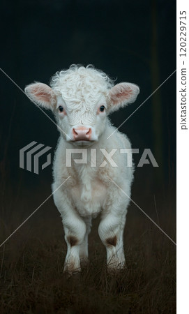 Adorable Highland calf playing joyfully in the serene forest during a sunny afternoon 120229715