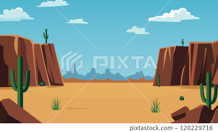 American Desert Landscape with Rocky Cliff Mountain and Cactus in Bright Sky 120229716