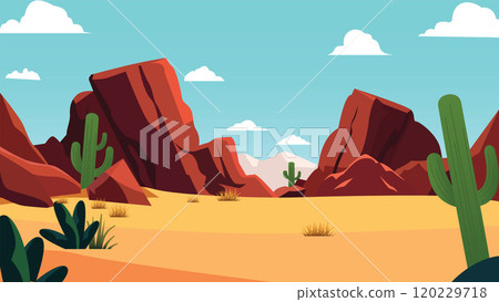 American Desert Landscape with Rocky Cliff Mountain and Cactus in Bright Sky American Desert Landscape with Rocky Cliff Mountain and Cactus in Bright Sky 120229718