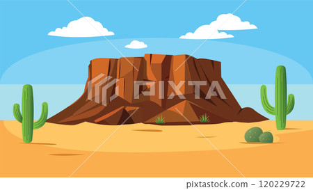 American Desert Landscape with Rocky Cliff Mountain and Cactus in Bright Sky 120229722