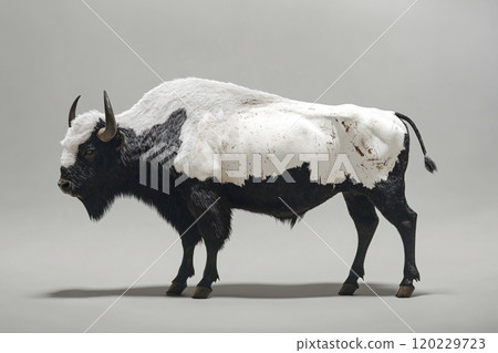 A bold black-headed bison with dark legs and a unique white coat stands proudly 120229723