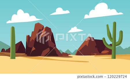 American Desert Landscape with Rocky Cliff Mountain and Cactus in Bright Sky 120229724