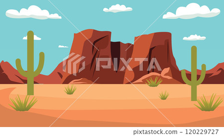 American Desert Landscape with Rocky Cliff Mountain and Cactus in Bright Sky American Desert Landscape with Rocky Cliff Mountain and Cactus in Bright Sky 120229727