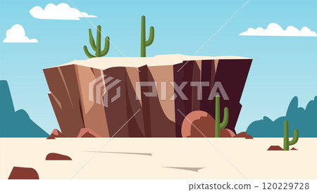 American Desert Landscape with Rocky Cliff Mountain and Cactus in Bright Sky 120229728