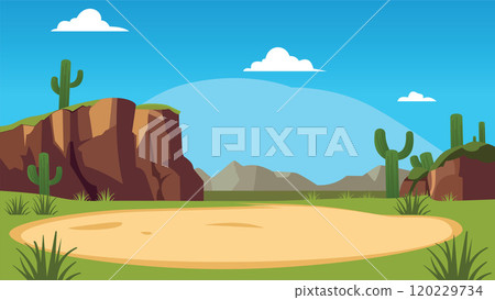 American Desert Landscape with Rocky Cliff Mountain and Cactus in Bright Sky American Desert Landscape with Rocky Cliff Mountain and Cactus in Bright Sky 120229734