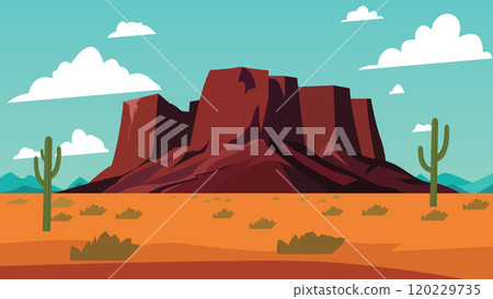 American Desert Landscape with Rocky Cliff Mountain and Cactus in Bright Sky 120229735