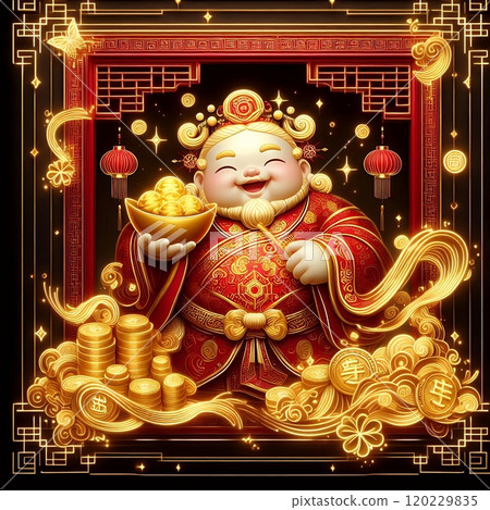 Chinese God of Wealth (Caishen) with Golden Coins - Luxury Neon Digital Art for Lunar New Year with Generative AI. 120229835