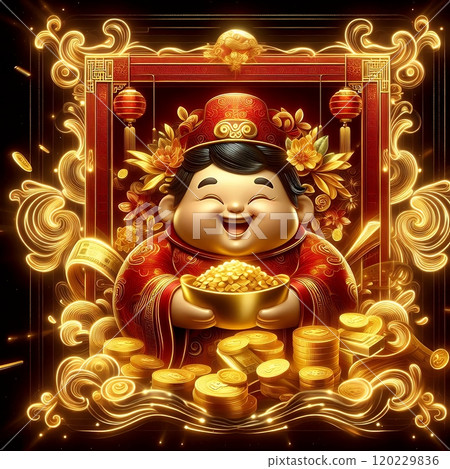 Chinese God of Wealth (Caishen) with Golden Coins - Luxury Neon Digital Art for Lunar New Year with Generative AI. 120229836