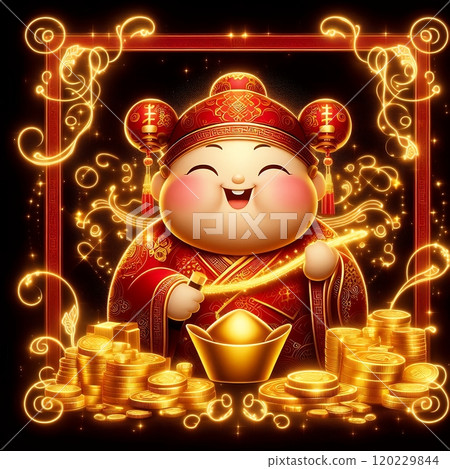 Chinese God of Wealth (Caishen) with Golden Coins - Luxury Neon Digital Art for Lunar New Year with Generative AI. 120229844