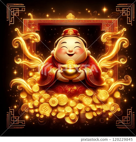 Chinese God of Wealth (Caishen) with Golden Coins - Luxury Neon Digital Art for Lunar New Year with Generative AI. 120229845