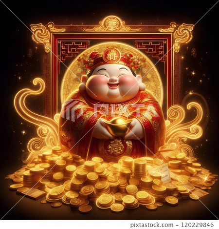 Chinese God of Wealth (Caishen) with Golden Coins - Luxury Neon Digital Art for Lunar New Year with Generative AI. 120229846