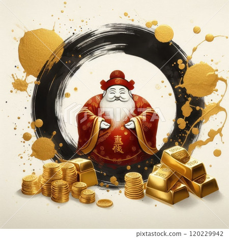 Chinese God of Wealth (Caishen) with Golden Coins - Luxury Neon Digital Art for Lunar New Year with Generative AI. Chinese God of Wealth (Caishen) with Golden Coins - Luxury Neon Digital Art for Lunar New Year with Generative AI. 120229942