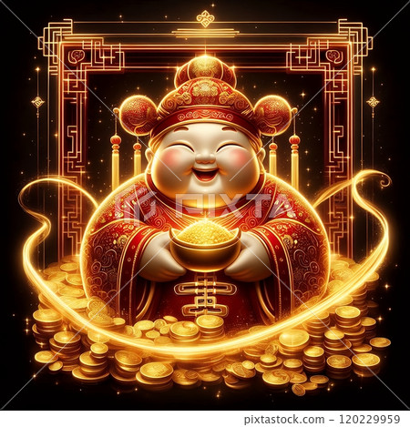 Chinese God of Wealth (Caishen) with Golden Coins - Luxury Neon Digital Art for Lunar New Year with Generative AI. 120229959
