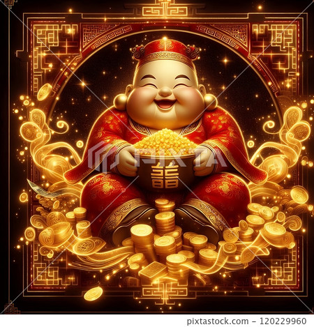 Chinese God of Wealth (Caishen) with Golden Coins - Luxury Neon Digital Art for Lunar New Year with Generative AI. 120229960