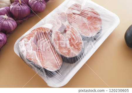 A Fresh Meat Package featuring Purple Onions beautifully displayed in the Background 120230605