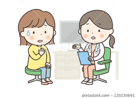 A woman becomes anxious when a female doctor explains her diagnosis to her. 120230691