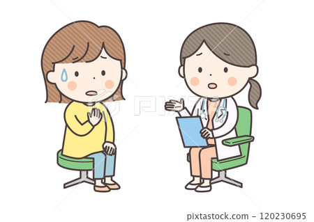 A woman becomes anxious when a female doctor explains her diagnosis to her. A woman becomes anxious when a female doctor explains her diagnosis to her. 120230695