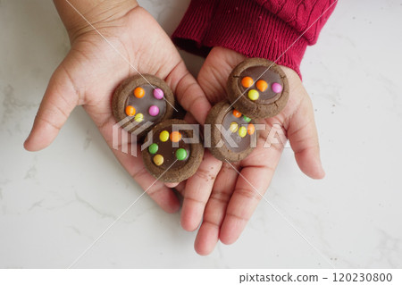 A set of Colorful Chocolate Cookies beautifully presented in hands, ready for enjoyment A set of Colorful Chocolate Cookies beautifully presented in hands, ready for enjoyment 120230800