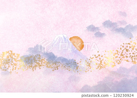 Background illustration with an image of auspicious Japanese scenery of Mt. Fuji, sunrise and gold leaf Background illustration with an image of auspicious Japanese scenery of Mt. Fuji, sunrise and gold leaf 120230924