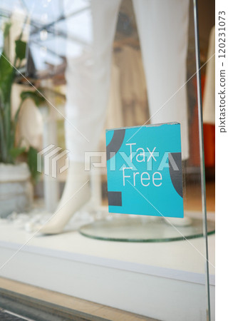 shop tax free text duty free shop sign on shop window shop tax free text duty free shop sign on shop window 120231073