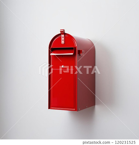 A vibrant red mailbox mounted on a white wall, symbolizing communication and connectivity. 120231525