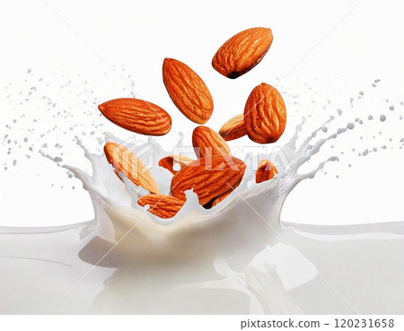 Fresh almonds splashing into creamy milk, a healthy and delicious snack. 120231658