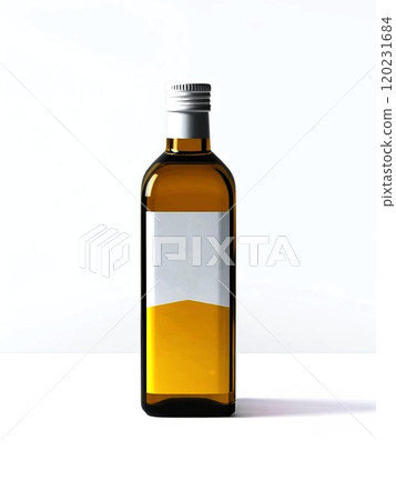 Stylish amber glass bottle filled with golden liquid against a clean white background. Stylish amber glass bottle filled with golden liquid against a clean white background. 120231684