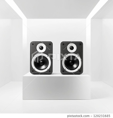 Stylish black speakers displayed in a minimalist white setting. 120231685