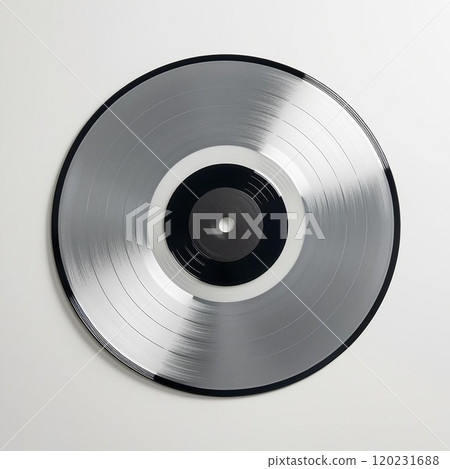 Stylish silver vinyl record displayed on a minimalistic background. 120231688