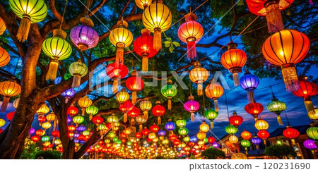 Vibrant lanterns illuminate a night sky, creating a festive atmosphere with colors. 120231690
