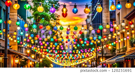 Vibrant street adorned with colorful lights during sunset, creating a festive atmosphere. 120231691