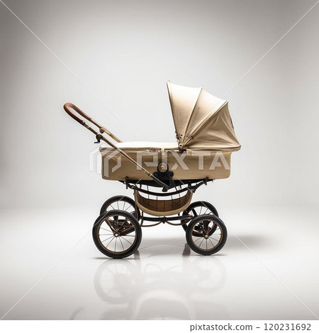 Vintage baby stroller on a clean, minimalist background, perfect for parenting themes. 120231692